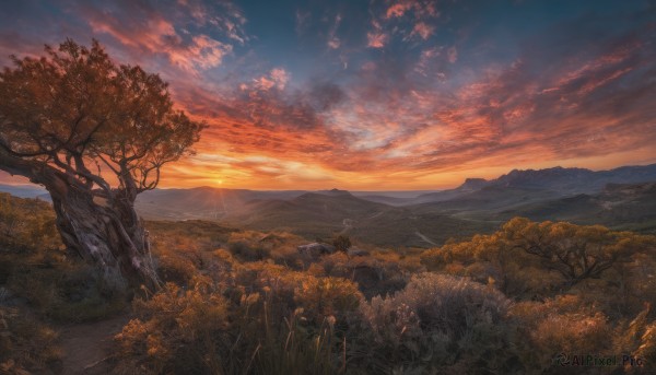 A majestic sunset outdoors featuring a landscape