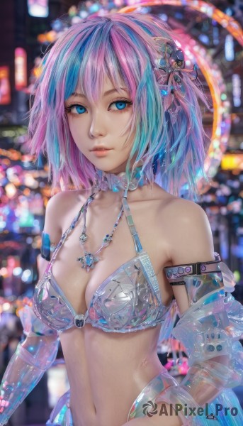 1girl,solo,breasts,looking at viewer,short hair,bangs,blue eyes,hair ornament,navel,cleavage,bare shoulders,jewelry,medium breasts,blue hair,collarbone,swimsuit,upper body,pink hair,bikini,multicolored hair,parted lips,detached sleeves,choker,midriff,medium hair,necklace,stomach,bra,blurry,two-tone hair,lips,streaked hair,see-through,depth of field,blurry background,gem,bikini top only,armlet,realistic,bikini armor,artist name,signature,armor,bracelet,looking to the side,eyelashes,watermark,web address,nose,bokeh