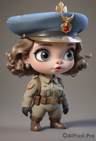 1girl,solo,short hair,brown hair,gloves,long sleeves,hat,brown eyes,jewelry,closed mouth,standing,jacket,full body,earrings,boots,black gloves,belt,pants,medium hair,grey background,chibi,uniform,lips,grey eyes,military,military uniform,makeup,shadow,brown footwear,peaked cap,buckle,blue headwear,freckles,curly hair,pocket,pouch,military hat,belt buckle,red lips,brown belt,breast pocket,simple background,eyelashes,nose,military jacket