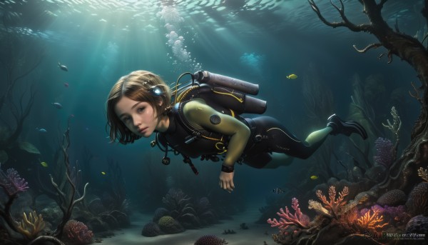 1girl,solo,looking at viewer,short hair,brown hair,brown eyes,artist name,water,bag,lips,bodysuit,ocean,watermark,sunlight,backpack,goggles,web address,fish,bubble,watch,light rays,underwater,realistic,wristwatch,air bubble,swimming,diving mask,freediving,coral,wetsuit,seaweed,diving,blue eyes,hair ornament,jewelry,shoes,necklace,tree,headphones,sneakers,headset,turtle