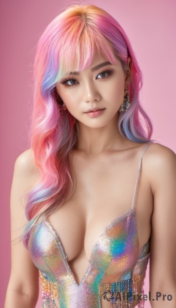 1girl,solo,long hair,breasts,looking at viewer,smile,bangs,simple background,cleavage,bare shoulders,brown eyes,jewelry,medium breasts,blue hair,collarbone,upper body,pink hair,multicolored hair,earrings,two-tone hair,lips,head tilt,makeup,pink background,breasts apart,realistic,rainbow hair,dress,artist name,gradient,eyelashes,gradient hair,watermark