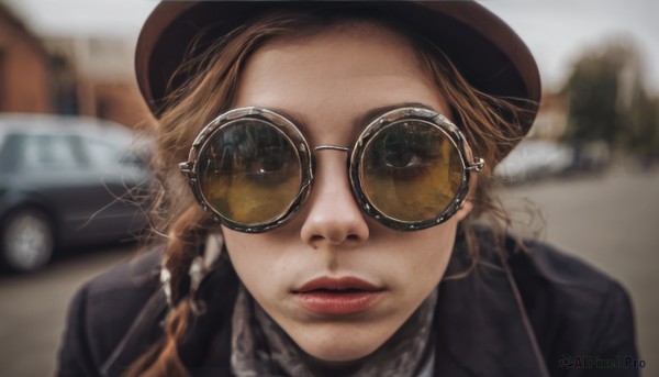 1girl,solo,long hair,looking at viewer,blonde hair,brown hair,hat,brown eyes,jacket,parted lips,glasses,blurry,lips,black jacket,makeup,depth of field,blurry background,sunglasses,lipstick,ground vehicle,portrait,motor vehicle,freckles,motion blur,realistic,nose,round eyewear,red lips,car,brown-framed eyewear,aviator sunglasses,braid,outdoors,twin braids,close-up