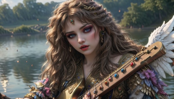 1girl,solo,long hair,looking at viewer,blue eyes,brown hair,hair ornament,holding,jewelry,upper body,flower,earrings,outdoors,parted lips,wings,day,water,blurry,tree,lips,petals,makeup,depth of field,blurry background,wavy hair,ring,feathers,gem,instrument,portrait,feathered wings,circlet,realistic,red lips,holding instrument,river,lake,head chain,blush,blonde hair,teeth,artist name,armor,eyelashes,nature,eyeshadow,freckles,curly hair,angel wings,pink lips,nose,fantasy,music,white wings,eyeliner,playing instrument,gold,mascara,lute (instrument)