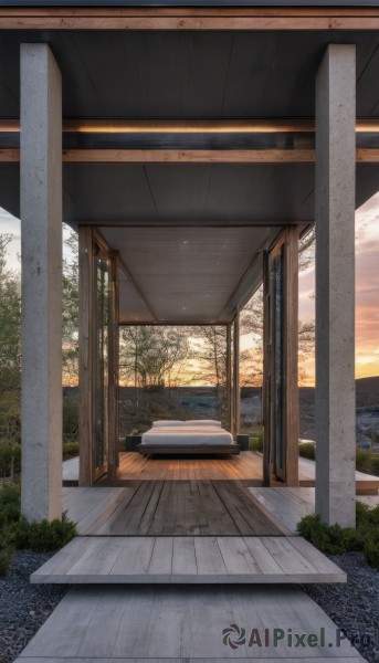 outdoors,sky,cloud,indoors,tree,no humans,window,shadow,sunlight,plant,building,scenery,sunset,wooden floor,door,bench,bush,pillar,evening,grass,architecture