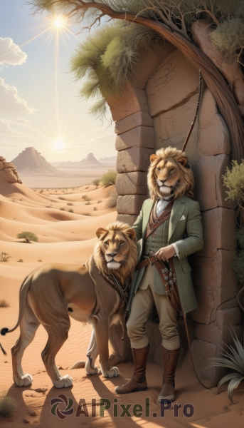 solo,looking at viewer,long sleeves,1boy,standing,jacket,weapon,male focus,boots,outdoors,sky,day,pants,sword,cloud,vest,tree,coat,shadow,animal,brown footwear,sunlight,knee boots,grass,sheath,sheathed,bow (weapon),green jacket,sun,wall,lion ears,desert,lion,lion boy,animal ears,no humans,scenery,sunset,sand