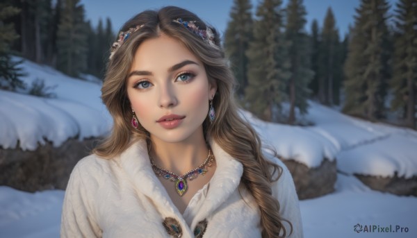 1girl,solo,long hair,looking at viewer,smile,blue eyes,brown hair,hair ornament,jewelry,upper body,braid,earrings,outdoors,day,necklace,blurry,tree,lips,depth of field,blurry background,gem,nature,snow,forest,realistic,winter clothes,winter,pine tree,parted lips,sky,coat,fur trim,eyelashes,makeup,wavy hair,thick eyebrows,nose,white coat