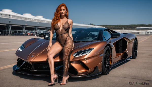 1girl,solo,long hair,breasts,looking at viewer,large breasts,brown hair,navel,cleavage,jewelry,nipples,earrings,outdoors,shoes,day,orange hair,high heels,lips,legs,bodysuit,makeup,toes,sunglasses,ground vehicle,fishnets,revealing clothes,breasts apart,motor vehicle,realistic,car,asymmetrical clothes,vehicle focus,toeless footwear,plunging neckline,sports car,brown eyes,medium breasts,full body,pantyhose,sky,nail polish,no bra,no panties,toenails,long legs,fishnet pantyhose,stiletto heels,on vehicle