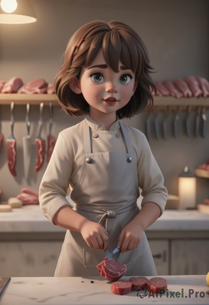 1girl,solo,looking at viewer,smile,short hair,open mouth,bangs,blue eyes,brown hair,shirt,hair ornament,long sleeves,holding,standing,white shirt,parted lips,food,teeth,hairclip,indoors,blurry,apron,lips,grey eyes,buttons,depth of field,blurry background,thick eyebrows,knife,child,sleeves rolled up,freckles,fork,female child,holding knife,meat,chef,kitchen knife,cutting board,steak,blush,green eyes,fruit,realistic,nose,red lips,cooking,kitchen