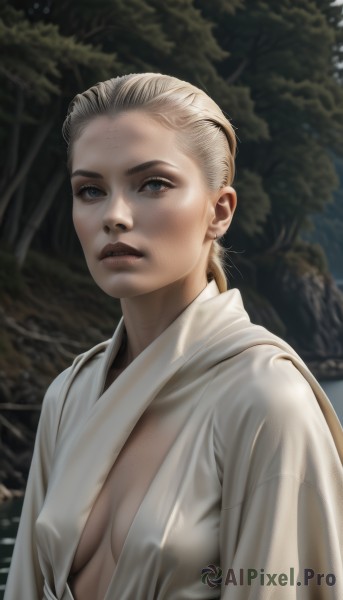 1girl,solo,long hair,breasts,looking at viewer,blue eyes,blonde hair,medium breasts,closed mouth,upper body,small breasts,outdoors,parted lips,open clothes,blurry,tree,lips,no bra,blurry background,freckles,robe,realistic,nose,white robe,short hair,cleavage,jewelry,earrings,japanese clothes,artist name,piercing,nature,breasts apart