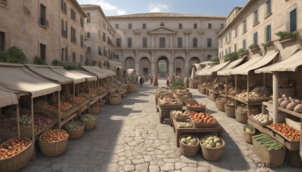 outdoors,food,sky,day,cloud,tree,blue sky,no humans,window,fruit,shadow,building,scenery,door,apple,basket,road,carrot,house,bread,street,vegetable,town,barrel,pavement,multiple girls,plant,potted plant,potato,onion