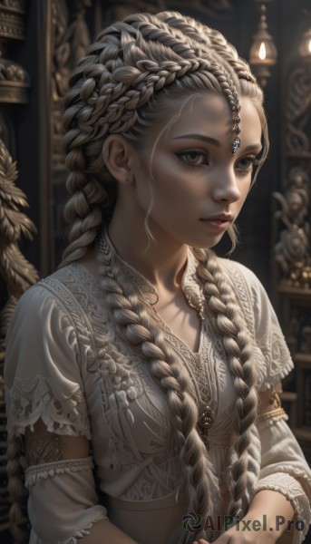 1girl,solo,long hair,breasts,hair ornament,long sleeves,dress,jewelry,closed mouth,upper body,braid,short sleeves,grey hair,earrings,small breasts,parted lips,indoors,necklace,blurry,twin braids,lips,looking to the side,grey eyes,eyelashes,depth of field,blurry background,looking away,own hands together,feathers,gem,hair over shoulder,freckles,realistic,nose,fantasy,candle,hair pulled back,multiple braids,looking at viewer,artist name,white dress,facial mark,piercing,ring,lace trim,lace,crown braid,mascara