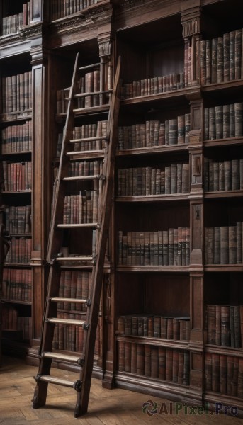 indoors,book,no humans,chair,scenery,wooden floor,bookshelf,library,ladder,voile,solo,railing