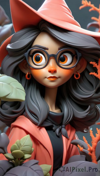 1girl,solo,long hair,smile,shirt,black hair,hat,brown eyes,jewelry,upper body,earrings,glasses,artist name,dark skin,dark-skinned female,lips,orange eyes,black shirt,makeup,witch hat,plant,freckles,witch,looking at viewer,flower,leaf,watermark,web address,underwater,coral