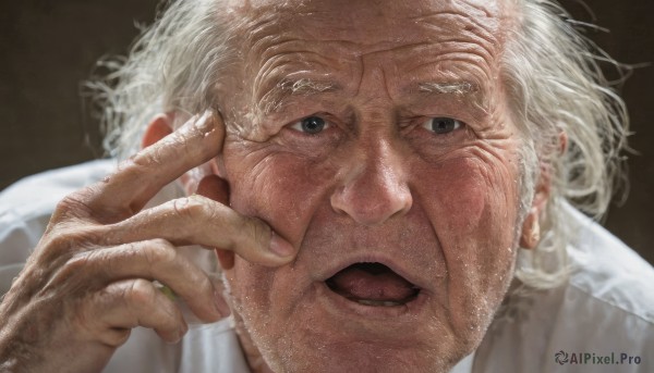 solo,looking at viewer,short hair,open mouth,simple background,shirt,1boy,white shirt,white hair,grey hair,male focus,teeth,hand up,black eyes,fingernails,grey eyes,portrait,close-up,brown background,veins,realistic,old,old man,wrinkled skin,facial hair,scar