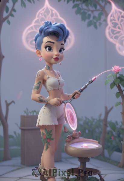 1girl,solo,breasts,smile,short hair,blue eyes,navel,holding,bare shoulders,jewelry,underwear,blue hair,standing,full body,flower,heart,earrings,small breasts,parted lips,shorts,barefoot,midriff,bra,blurry,lips,short shorts,tattoo,makeup,blurry background,rose,halo,thick eyebrows,plant,lipstick,pink flower,eyeshadow,white bra,asymmetrical hair,white shorts,arm tattoo,pink rose,leg tattoo,mascara,full-body tattoo,looking at viewer,boots,outdoors,artist name,tree,crop top,leaf,watermark,web address,anklet,undercut,stool,mohawk