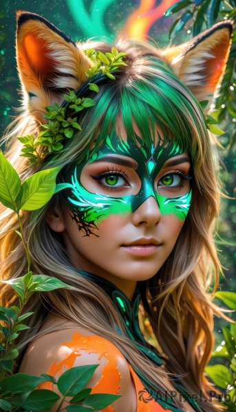 1girl,solo,long hair,looking at viewer,smile,bangs,brown hair,animal ears,bare shoulders,closed mouth,green eyes,upper body,multicolored hair,green hair,artist name,cat ears,two-tone hair,lips,animal ear fluff,fox ears,eyelashes,tattoo,gradient hair,makeup,mask,glowing,leaf,watermark,facial mark,plant,portrait,web address,nose,facepaint,mascara,hair ornament,jewelry,outdoors,sleeveless,from side,sunlight,nature,light particles,close-up,eyeshadow,antlers,bodypaint