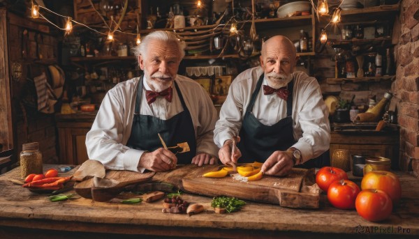 smile,short hair,shirt,long sleeves,bow,holding,white shirt,white hair,grey hair,male focus,food,multiple boys,collared shirt,indoors,2boys,bowtie,looking at another,apron,red bow,cup,fruit,facial hair,bottle,knife,red bowtie,beard,plate,alcohol,drinking glass,watch,realistic,spoon,mustache,basket,wristwatch,lamp,bald,manly,bread,old,brick wall,old man,shelf,tomato,bar (place),counter,lettuce,wrinkled skin,tongs,looking at viewer,carrot,vegetable,restaurant,barrel,potato,cutting board,onion,radish