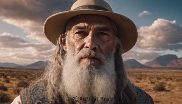 solo,long hair,looking at viewer,shirt,1boy,hat,brown eyes,closed mouth,white shirt,upper body,white hair,male focus,outdoors,sky,day,cloud,blurry,blue sky,blurry background,facial hair,cloudy sky,portrait,beard,mountain,realistic,brown headwear,field,old,old man,cowboy hat,lips,thick eyebrows,mustache,manly