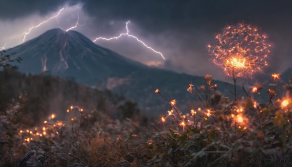 outdoors, sky, cloud, blurry, tree, no humans, night, cloudy sky, scenery, mountain, electricity, fireworks, lightning, mountainous horizon