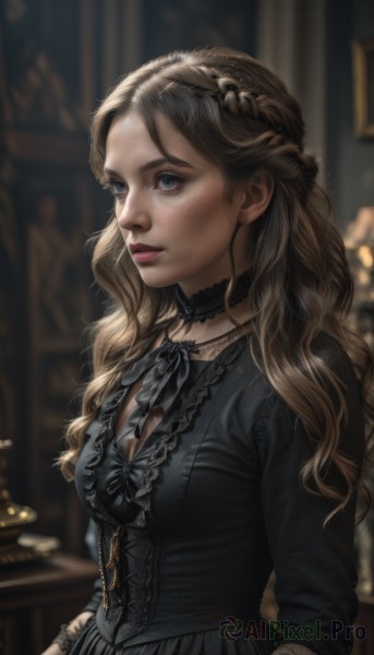 1girl,solo,long hair,breasts,blue eyes,blonde hair,brown hair,long sleeves,dress,cleavage,jewelry,medium breasts,upper body,braid,frills,parted lips,choker,indoors,necklace,blurry,black dress,lips,blurry background,wavy hair,black choker,looking away,corset,freckles,lolita fashion,realistic,nose,gothic lolita,gothic,ribbon,earrings,neck ribbon,makeup,lipstick,lace