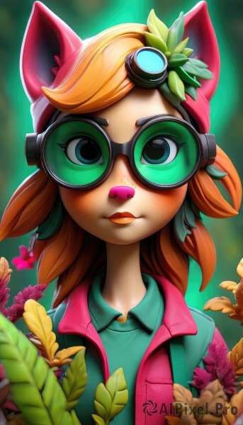 1girl,solo,long hair,looking at viewer,smile,bangs,blue eyes,brown hair,shirt,hair ornament,animal ears,closed mouth,jacket,upper body,flower,open clothes,glasses,collared shirt,artist name,cat ears,signature,hair flower,orange hair,blurry,vest,open jacket,lips,makeup,blurry background,swept bangs,leaf,watermark,blue shirt,lipstick,goggles,furry,freckles,green background,goggles on head,green shirt,furry female,animal nose,open vest,short hair,blonde hair,hat,green eyes,web address,nose