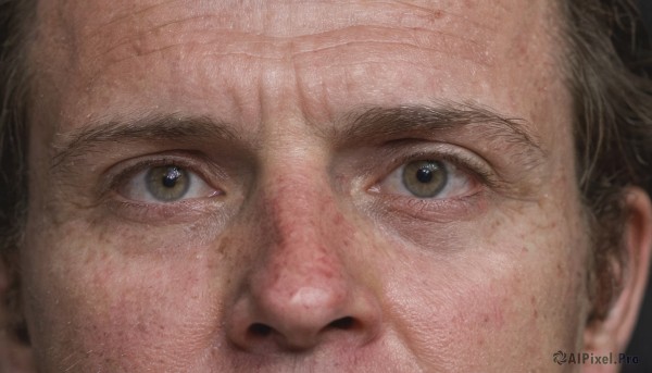 solo,looking at viewer,short hair,brown hair,1boy,brown eyes,male focus,thick eyebrows,portrait,close-up,reflection,realistic,eye focus,blonde hair,facial hair,freckles