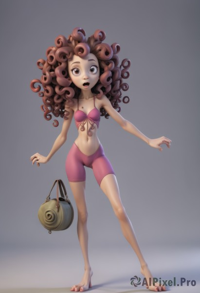 1girl,solo,long hair,breasts,looking at viewer,open mouth,brown hair,navel,brown eyes,standing,full body,bikini,small breasts,barefoot,midriff,dark skin,bag,dark-skinned female,cameltoe,monster girl,bike shorts,toenails,curly hair,handbag,skinny,simple background,underwear,collarbone,swimsuit,bra,mole,flat chest,lips,legs,wide-eyed,pink bikini,pink shorts