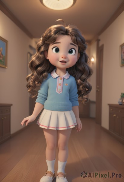 1girl,solo,long hair,looking at viewer,smile,open mouth,skirt,brown hair,shirt,green eyes,standing,full body,ahoge,pleated skirt,shoes,socks,indoors,miniskirt,sweater,loli,white footwear,white skirt,blue shirt,white socks,child,curly hair,female child,blue eyes,school uniform,parted lips,lips,wooden floor,lamp