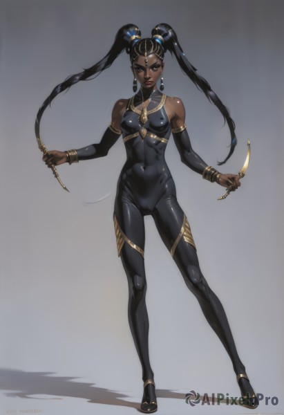 1girl,solo,long hair,breasts,looking at viewer,black hair,hair ornament,holding,bare shoulders,twintails,brown eyes,jewelry,medium breasts,standing,full body,weapon,earrings,small breasts,detached sleeves,dark skin,holding weapon,covered nipples,dark-skinned female,lips,bodysuit,covered navel,cameltoe,shadow,abs,knife,skin tight,dual wielding,toned,gold trim,muscular female,black bodysuit,very dark skin,dreadlocks,simple background,navel,necklace,black eyes,bracelet,facial mark,armlet,whip