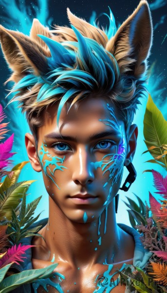 solo,looking at viewer,smile,short hair,blue eyes,blonde hair,1boy,animal ears,closed mouth,blue hair,collarbone,flower,male focus,multicolored hair,sky,artist name,two-tone hair,lips,fox ears,glowing,leaf,facial mark,plant,portrait,star (sky),extra ears,starry sky,realistic,nose,facepaint,paint splatter,shirt,upper body,tattoo,night,spiked hair,night sky