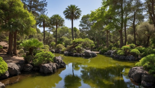 outdoors,sky,day,cloud,water,tree,blue sky,no humans,grass,plant,nature,scenery,forest,reflection,rock,palm tree,bush,river,pond,reflective water