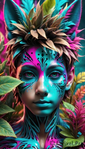 1girl,solo,looking at viewer,smile,short hair,brown hair,1boy,animal ears,closed mouth,green eyes,upper body,flower,male focus,artist name,cat ears,blurry,lips,eyelashes,tattoo,makeup,depth of field,blurry background,colored skin,leaf,watermark,facial mark,plant,portrait,close-up,multicolored eyes,nose,facepaint,bodypaint,colorful,black hair,hair ornament,feathers,web address,realistic,blue skin,feather hair ornament,full-body tattoo