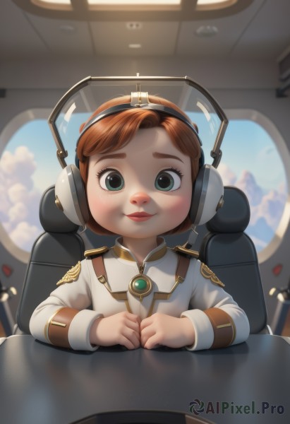 1girl,solo,looking at viewer,smile,short hair,blue eyes,brown hair,long sleeves,sitting,closed mouth,green eyes,jacket,white shirt,upper body,sky,day,cloud,uniform,blue sky,lips,military,military uniform,headphones,chair,white jacket,brooch,child,freckles,red lips,female child,cockpit,blush,orange hair,window,aged down,headset