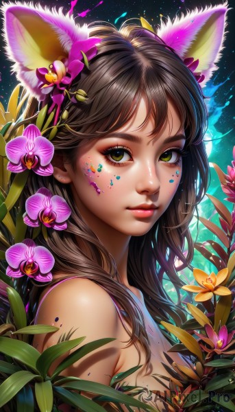 1girl,solo,long hair,breasts,looking at viewer,bangs,brown hair,hair ornament,animal ears,bare shoulders,brown eyes,jewelry,medium breasts,closed mouth,green eyes,yellow eyes,upper body,flower,earrings,artist name,cat ears,hair flower,mole,from side,lips,fox ears,eyelashes,mole under eye,makeup,leaf,watermark,facial mark,plant,lipstick,portrait,pink flower,eyeshadow,freckles,pink lips,nose,red lips,eyeliner,facepaint,mascara,paint splatter,black hair,nude,purple flower,bodypaint