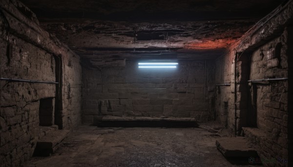 indoors,no humans,building,scenery,science fiction,stairs,light,dark,ruins,industrial pipe,outdoors,window,glowing,door,wall,brick wall