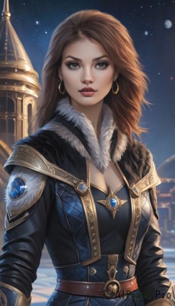 1girl,solo,long hair,breasts,looking at viewer,brown hair,long sleeves,cleavage,brown eyes,jewelry,medium breasts,upper body,earrings,outdoors,parted lips,sky,belt,lips,fur trim,makeup,night,moon,lipstick,gem,star (sky),night sky,starry sky,fur collar,hoop earrings,nose,red lips,jacket,black jacket,realistic