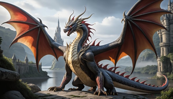 HQ,solo,open mouth,red eyes,tail,outdoors,wings,horns,sky,teeth,day,cloud,water,no humans,fangs,cloudy sky,sharp teeth,scenery,claws,monster,mountain,fantasy,dragon,scales,river,castle,dragon wings,tree,glowing,nature,spikes,landscape