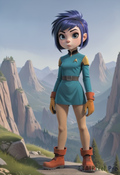 1girl,solo,breasts,looking at viewer,short hair,blue eyes,gloves,long sleeves,dress,closed mouth,blue hair,standing,full body,hairband,small breasts,boots,outdoors,detached sleeves,sky,day,belt,artist name,signature,blue sky,lips,blue dress,short dress,thick eyebrows,grass,red footwear,child,brown gloves,freckles,rock,mountain,female child,ankle boots,orange gloves,scenery,web address