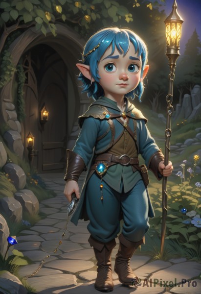 solo,looking at viewer,short hair,bangs,blue eyes,long sleeves,1boy,holding,jewelry,closed mouth,blue hair,standing,full body,flower,male focus,boots,outdoors,pointy ears,belt,pants,artist name,tree,capelet,night,watermark,brown footwear,thick eyebrows,knee boots,grass,staff,gem,child,star (sky),night sky,web address,androgynous,freckles,pouch,lantern,rock,fantasy,holding staff,road,lamppost,path,leather boots,1girl,hair ornament,sky,lips,leaf,knife,lamp