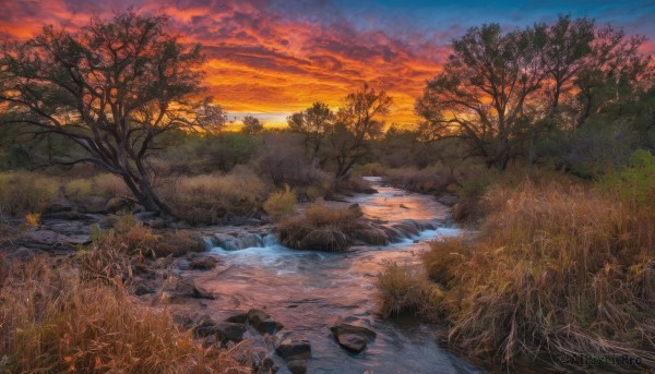 outdoors,sky,cloud,water,tree,no humans,cloudy sky,grass,plant,nature,scenery,forest,reflection,sunset,rock,mountain,river,twilight,evening,landscape,gradient sky,orange sky,path,bare tree