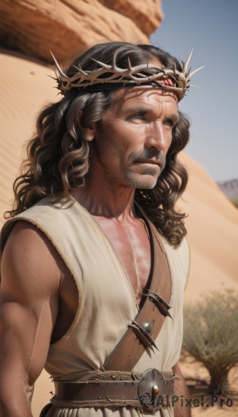 solo,long hair,brown hair,black hair,1boy,brown eyes,closed mouth,upper body,weapon,male focus,outdoors,sky,sleeveless,day,belt,signature,blurry,tree,blue sky,muscular,blurry background,facial hair,crown,beard,curly hair,realistic,mustache,manly,chest hair,desert,scar,gem,circlet,looking afar,tunic,chainmail