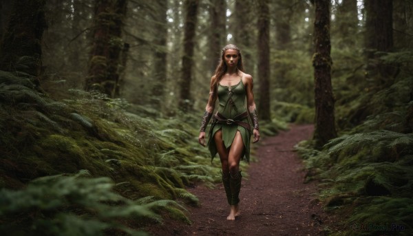 1girl,solo,long hair,breasts,brown hair,dress,cleavage,bare shoulders,medium breasts,outdoors,barefoot,pointy ears,belt,blurry,tree,muscular,sunlight,elf,nature,scenery,clenched hands,forest,walking,realistic,arms at sides,dirty,ankle wrap,dirty feet,large breasts,jewelry,weapon,tattoo,mask,vambraces,leg warmers