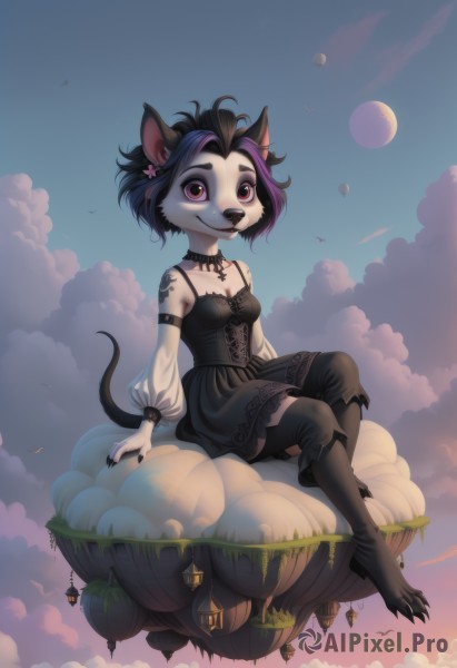 1girl,solo,breasts,looking at viewer,smile,short hair,black hair,hair ornament,red eyes,thighhighs,long sleeves,dress,animal ears,cleavage,bare shoulders,brown eyes,jewelry,sitting,closed mouth,tail,full body,purple hair,flower,multicolored hair,small breasts,outdoors,detached sleeves,sky,sleeveless,choker,puffy sleeves,artist name,black thighhighs,cloud,cat ears,hair flower,nail polish,black dress,collar,two-tone hair,streaked hair,see-through,night,sleeveless dress,bird,moon,crossed legs,grass,black nails,claws,furry,full moon,furry female,bat (animal),body fur,animal nose,see-through sleeves,gothic,animal feet,purple eyes,collarbone,earrings,boots,pink eyes,black footwear,fingernails,tattoo,makeup,arm support,watermark,black choker,messy hair,corset,puffy long sleeves,arm tattoo,crescent moon,snout,two-tone fur,black fur,grey fur,above clouds