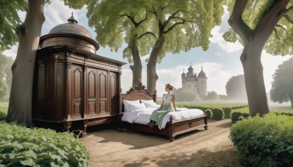 1girl,solo,short hair,brown hair,dress,bare shoulders,sitting,outdoors,sky,sleeveless,day,cloud,dark skin,hair bun,dark-skinned female,tree,blue sky,pillow,bed,on bed,cloudy sky,grass,building,scenery,green dress,house,wide shot,castle,skirt,barefoot,white dress,sleeveless dress,bed sheet,single hair bun,plant,green skirt,nature,couch,blanket,bench,bush