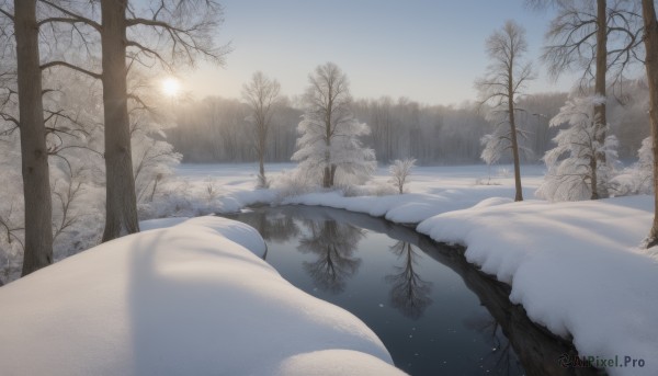 outdoors,sky,day,cloud,water,tree,no humans,sunlight,nature,scenery,snow,forest,reflection,mountain,sun,winter,bare tree,blurry,blue sky,landscape,lake