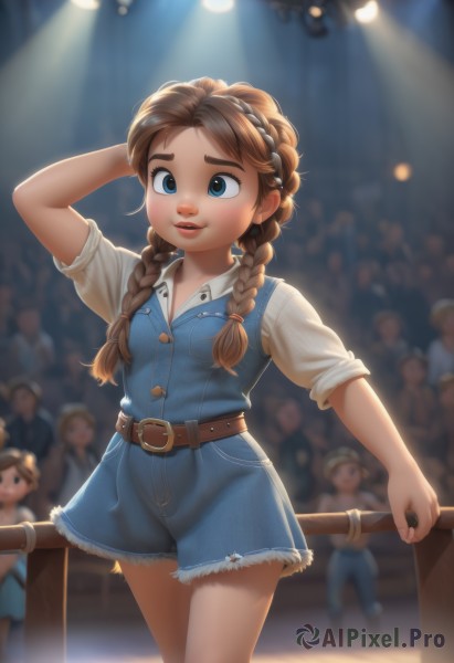 1girl,long hair,smile,open mouth,blue eyes,brown hair,shirt,dress,twintails,jewelry,white shirt,braid,short sleeves,parted lips,multiple boys,shorts,teeth,solo focus,belt,blurry,arm up,twin braids,lips,blurry background,thick eyebrows,denim,child,hair over shoulder,sleeves rolled up,freckles,arm behind head,female child,brown belt,overalls,crowd,solo,breasts,multiple girls,standing,small breasts,artist name,vest,short shorts,buttons,depth of field,buckle,denim shorts,belt buckle,cutoffs