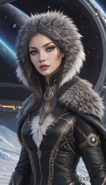 1girl,solo,long hair,breasts,looking at viewer,brown hair,brown eyes,jewelry,medium breasts,upper body,parted lips,hood,cape,lips,fur trim,makeup,gem,hood up,realistic,nose,red lips,space,planet,earth (planet),black hair,bodysuit,cloak