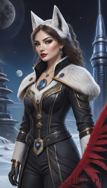 1girl,solo,long hair,breasts,looking at viewer,brown hair,gloves,animal ears,brown eyes,jewelry,medium breasts,cowboy shot,earrings,outdoors,sky,black gloves,belt,pants,necklace,lips,fur trim,makeup,night,fake animal ears,black pants,moon,feathers,lipstick,gem,star (sky),night sky,full moon,pendant,starry sky,red lips,castle,official alternate costume,eyeshadow,realistic,architecture,planet