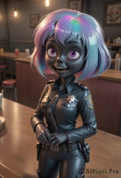 1girl,solo,breasts,looking at viewer,smile,short hair,open mouth,bangs,shirt,long sleeves,blue hair,standing,purple eyes,jacket,weapon,pink hair,purple hair,multicolored hair,cowboy shot,small breasts,teeth,shiny,collared shirt,belt,pants,artist name,indoors,signature,grin,blurry,uniform,two-tone hair,streaked hair,gun,military,cosplay,military uniform,blurry background,colored skin,black pants,own hands together,sharp teeth,buckle,handgun,pocket,black belt,pouch,wide-eyed,belt buckle,breast pocket,holster,leather,grey skin,constricted pupils,stool,badge,police,police uniform,thigh holster,black skin,collared jacket,policewoman,bar (place),counter,patch,holstered weapon,white hair,shiny hair,cup,lips,gradient hair,fangs,watermark,table,happy,bob cut,blue shirt,denim,clothes writing,zipper,white skin,jeans,blue skin,blue pants,lamp,zipper pull tab,when you see it,utility belt,rainbow hair