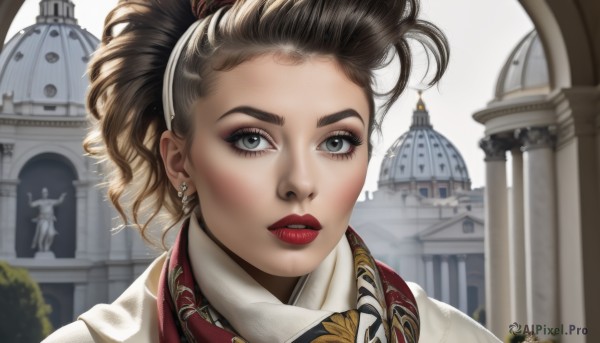 1girl,solo,looking at viewer,brown hair,jewelry,ponytail,hairband,earrings,outdoors,parted lips,blurry,lips,grey eyes,eyelashes,makeup,blurry background,lipstick,portrait,curly hair,realistic,red lips,castle,black hair,building,eyeshadow,architecture,statue